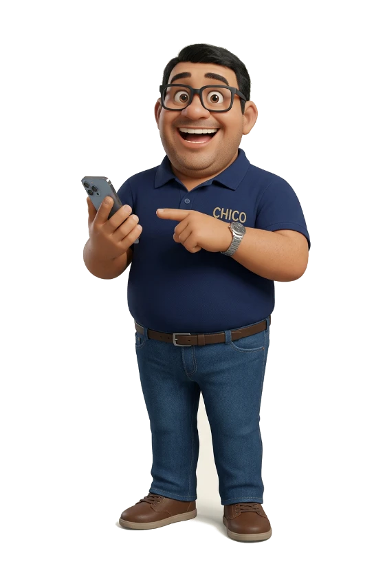 Mascote do Chico segurando o celular e apontando para ele